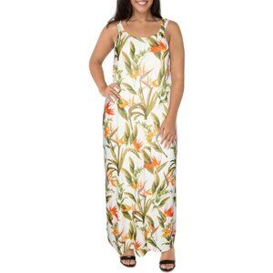 2Dye4 Tropical Floral Maxi Dress – White with Orange & Green Print – Women’s - M